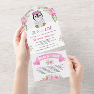 Chuva de Bebê Pinguim Floral Rosa em Aquarela