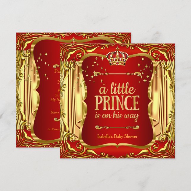 Chuva de Bebê Príncipe Vermelho Dourado Convite pa (Frente/Verso)