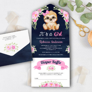 Chuva de Bebê Sloth Floral Aquarela Rosa Azul Mari