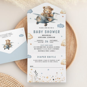 Chuva de Bebê Urso Teddy Azul Avião Boho Neutro