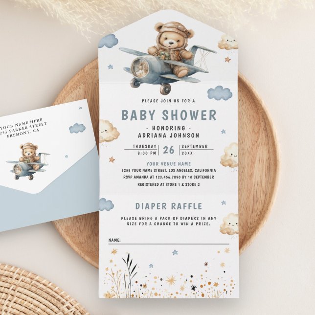 Chuva de Bebê Urso Teddy Azul Avião Boho Neutro (Criador carregado)