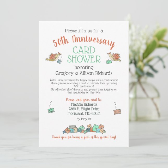 Chuva de Cartões de Pássaros de Aniversário de 50  (Em pé/Frente)