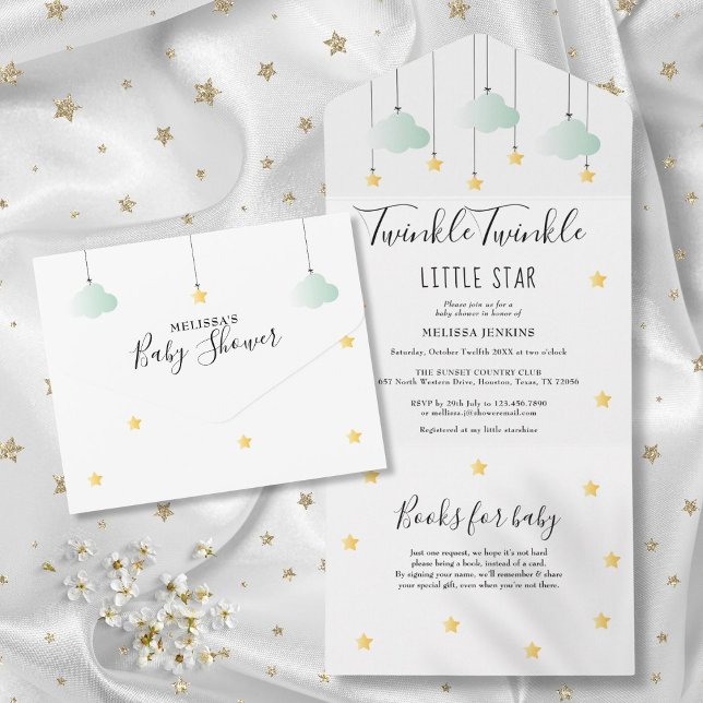 Chuva de Estrelas Chás de Bebê Neutro (Twinkle Twinkle Neutral Baby Shower All In One Invitation)
