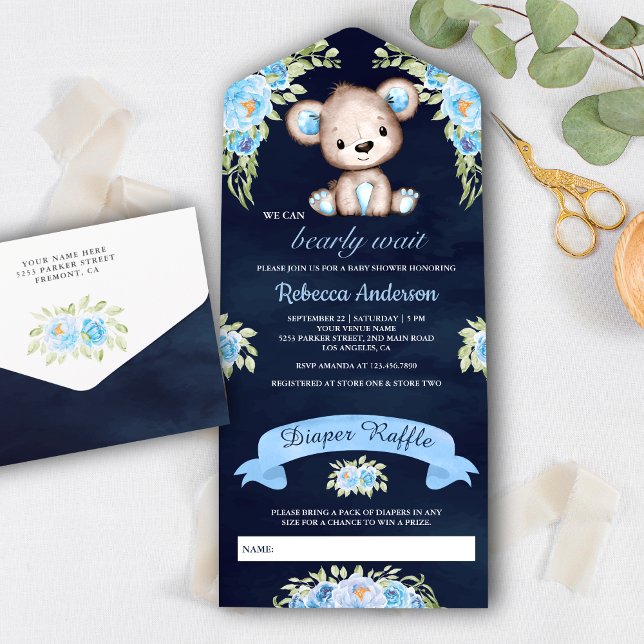 Chuva de Flores em Aquarela Azul Urso de Pelúcia C (Criador carregado)