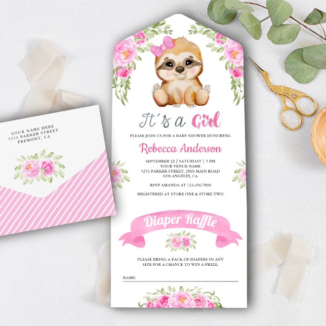 Chuva de Flores em Aquarela Rosa Chá de Bebê Sloth (Criador carregado)