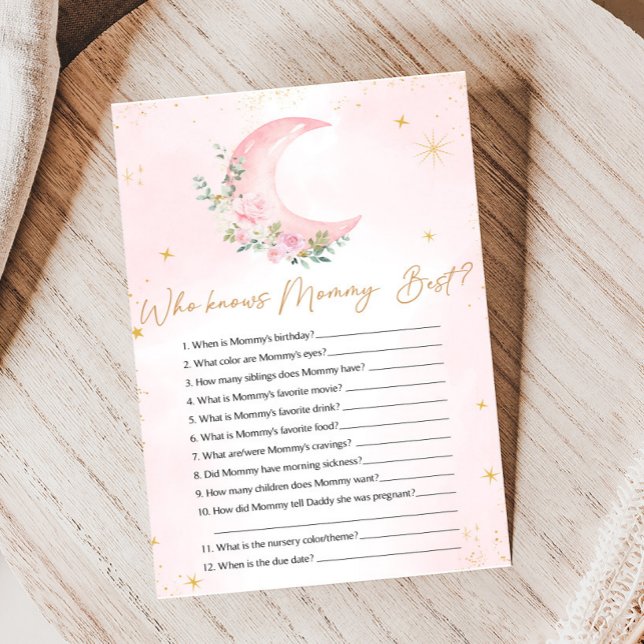 Chuva de Lua Rosa e Estrelas Quem Sabe Jogo da Mam (Floral Monn and Stars Baby Shower Game)