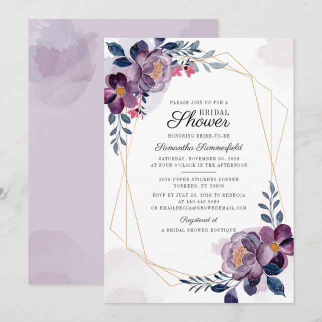Chuva de Noiva Floral Roxo Blush Botânico Roteiro (Frente/Verso)