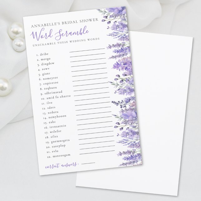 Chuva de Palavras Casamento Floral Lavanda (Word Scramble Lavender Floral Bridal Shower)