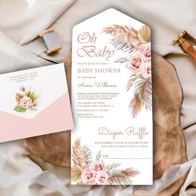 Chuva de Pampas Boho Rosas Rosa Bege Baby Shower (Criador carregado)