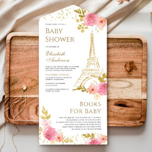 Chuva de Rosa Floral Dourada Torre Eiffel Baby Sho