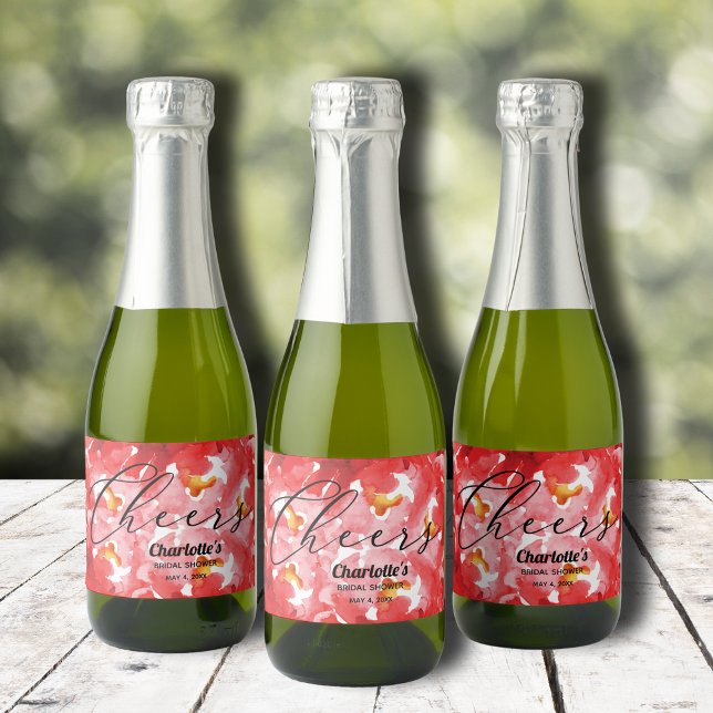 Chuva de Rosa Vermelha Casamento Mini (Watercolor red roses floral bridal shower mini champagne  bottle personalized labels)