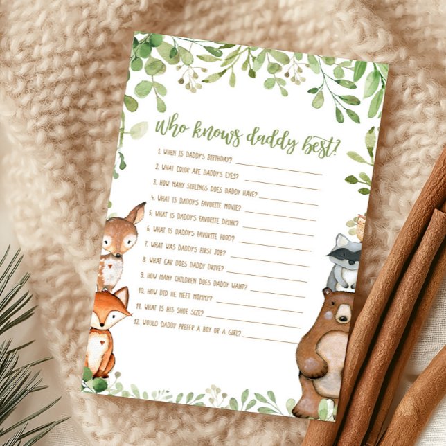 Chuva Florestal Verde Quem Conhece Melhor o Papai  (Woodland Animals Baby Shower Who Knows Daddy Best Game)