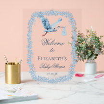 Chuveiro de Bebê Elegante Toile Floral Azul Cegonh