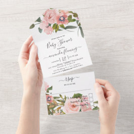 Chuveiro de Bebê Rosa Bege e Floral em Dourado Ros