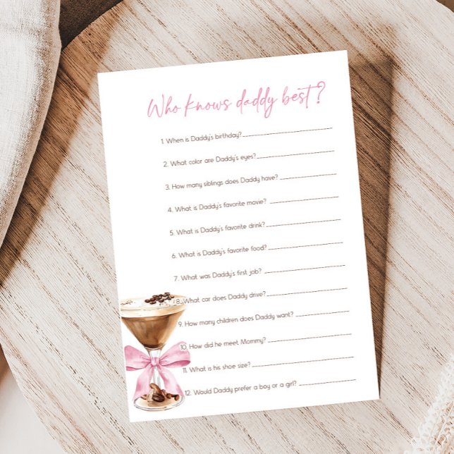 Chuveiro de Martini Espresso com Laço Rosa Quem Sa (Espresso Baby Shower Game)