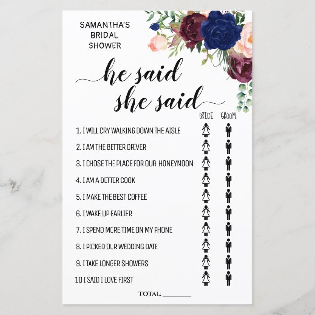 Chuveiro de noiva "ela disse, ele disse" jogo bilí (Frente)