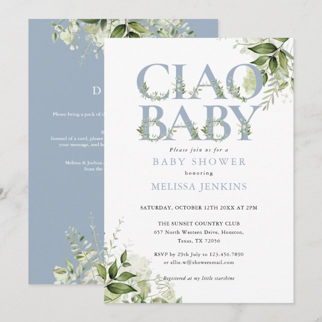 Ciao Baby Dusty Blue Floral Convite de Chás de Beb (Frente/Verso)
