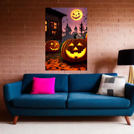 Cidade, abóbora e lua de abóbora | AI Art Poster