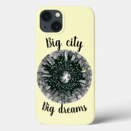 Cidade panorâmica em preto e branco sob a Lua