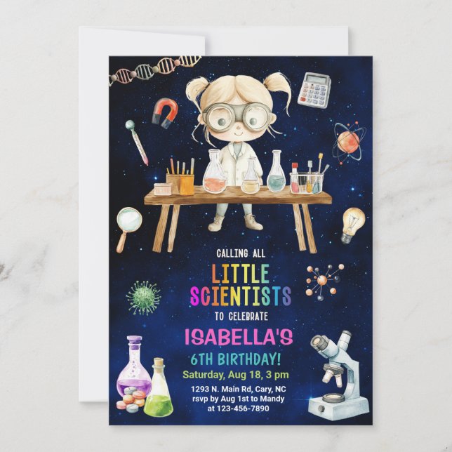 Cientista, convite de aniversário de menina de Ciê (Frente)