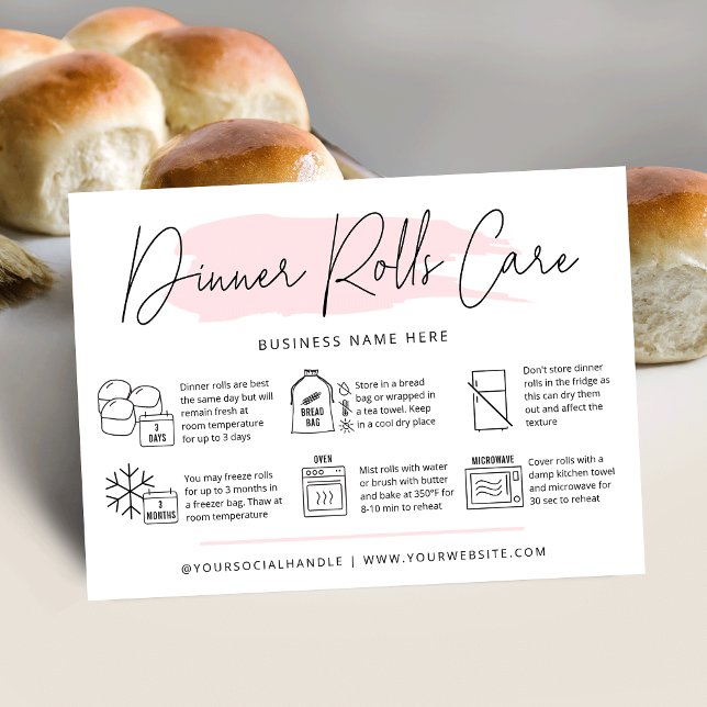 Cilindros de Janto Sourdough Cartão de Cuidados Co (Trendy sourdough dinner rolls care cards with icons, modern pink watercolor design and your logo)