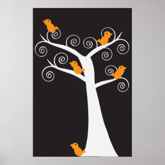 Cinco aves laranja num Poster de árvore