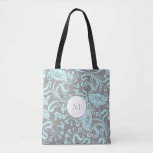 Cinza Azul Padrão Floral Monograma Tote Bag