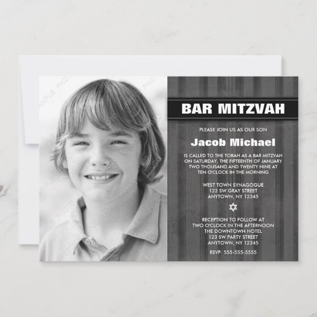 Cinza Black Stripes Foto Bar Mitzvah Convites (Frente)