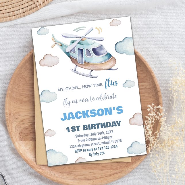 Cinza Blue Helicopter Convite de Aniversário (Gray Blue Helicopter Birthday Invitations)