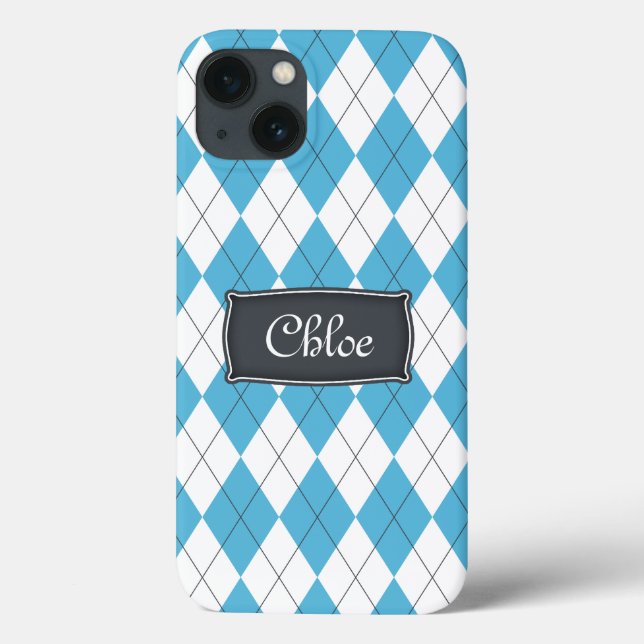 Cinza branca azul Argyle Nome iPhone 13 Caso (Verso)