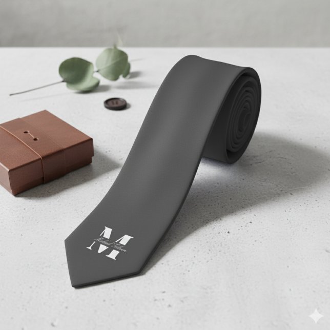 Cinza Carvão | Gravata de Pescoço com Monograma Pe (Charcoal Gray | Custom Monogram Wedding Groomsmen Neck Tie)