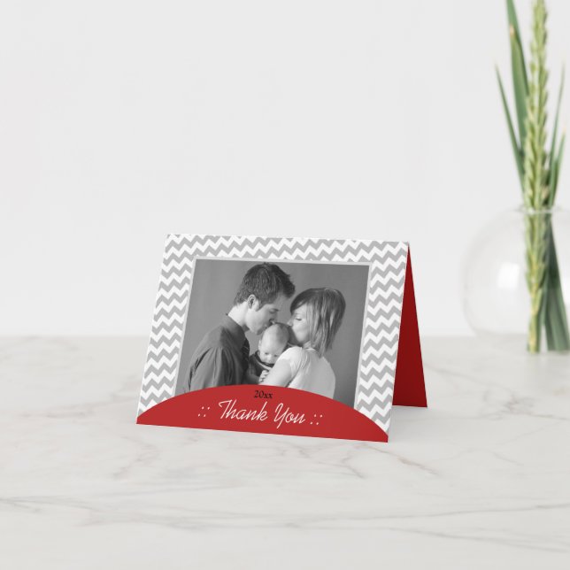 Cinza Chevron e Red Photo Obrigado Cartões (Frente)