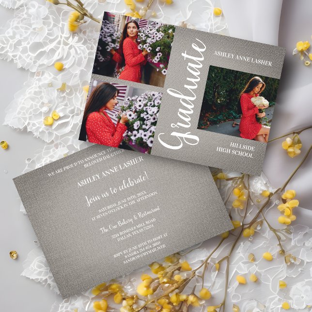 Cinza Colagem Três Fotos de Graduação Textura (Grey Natural Fabric Collage 3 Multi Photos Grad Graduation Invitation.)