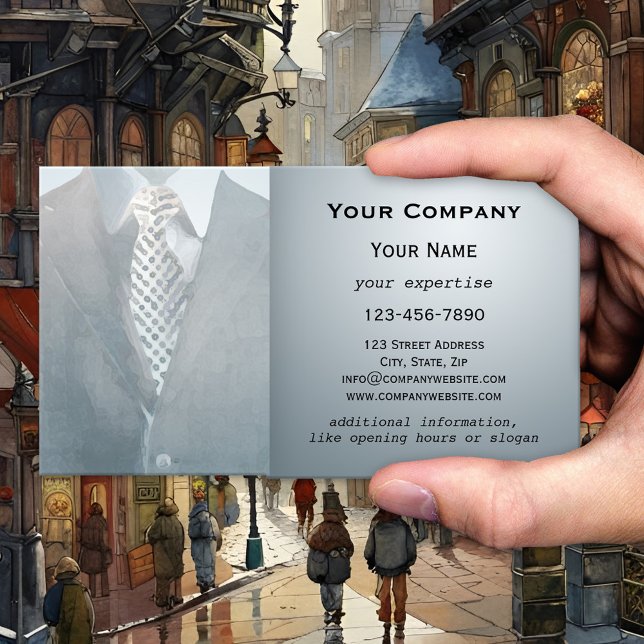 Cinza de  azul, cavalheiro, Cartão de visita de aq (Business card featuring a watercolor painting of a blue grey suit - men's fashion retail store)