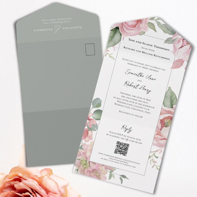 Cinza De Casamento De Cor De Água Rosa Esbranquiça (Elegant pink floral all in one wedding invitations. )