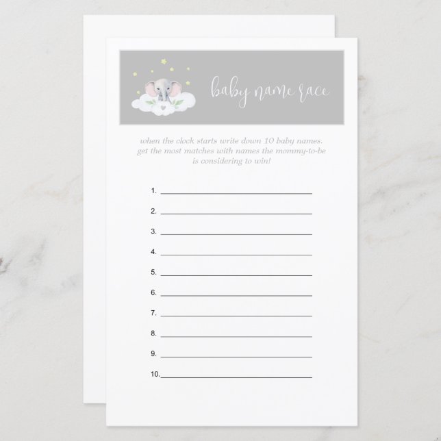 Cinza de Jogo de Chá de fraldas Elefante (Frente/Verso)