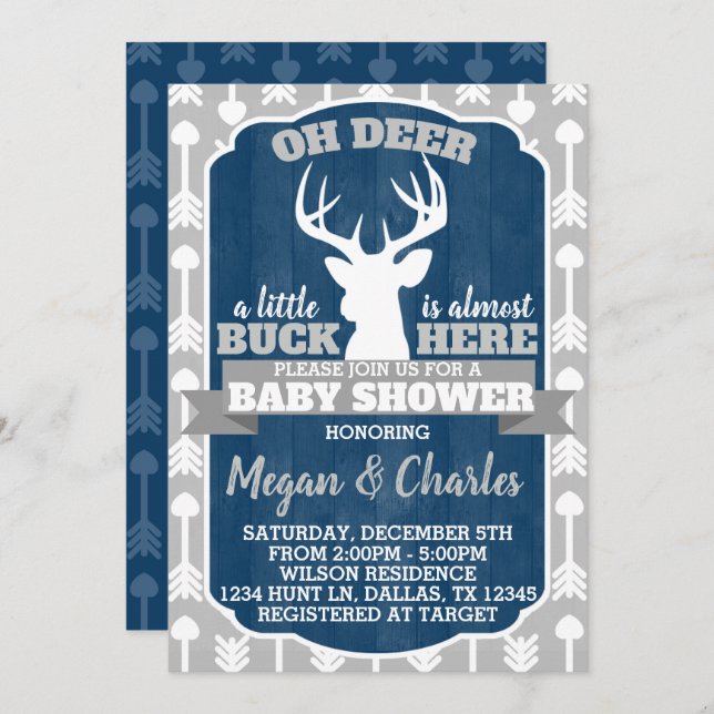 Cinza de Marinho de Convite do Chá de fraldas Deer (Frente/Verso)