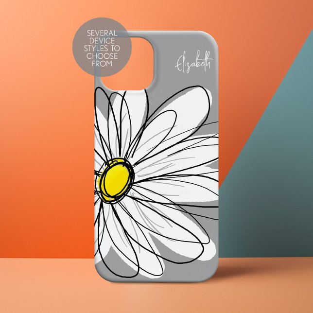 Cinza de moda e Desenho de margarida amarela (Personalized Phone Case with Whimsical Daisy and Custom Name)