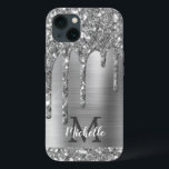 Cinza De Prata Chic Glitter Gota Monograma Metal R<br><div class="desc">A cinza elegante, moderna, cinzenta prateada goteja o nome personalizado de metal prateado e a capas de iphone monificada. Este design apresenta pingos de brilho prateado no fundo de metal escovado da cinza com modelo de texto personalizado de primeiro nome e monograma personalizado. Um presente feminino perfeito para mulheres e...</div>