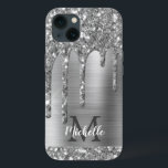 Cinza De Prata Chic Glitter Gota Monograma Metal R<br><div class="desc">A cinza elegante, moderna, cinzenta prateada goteja o nome personalizado de metal prateado e a capas de iphone monificada. Este design apresenta pingos de brilho prateado no fundo de metal escovado da cinza com modelo de texto personalizado de primeiro nome e monograma personalizado. Um presente feminino perfeito para mulheres e...</div>