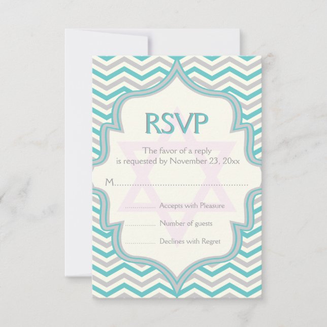 Cinza de turquesa moderna Chevron Bat Mitzvah RSVP (Frente)