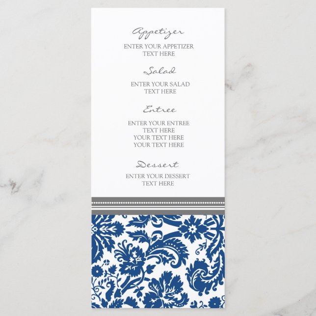 Cinza do menu casamento Cor damasco azul (Frente)