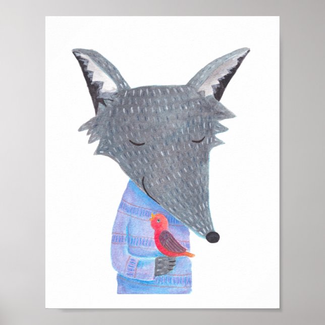 Cinza do Wolf Red Bird Illustration Poster (Frente)