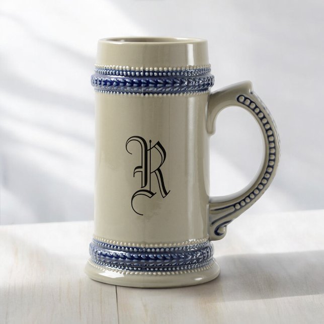Cinza e Caneca de cerveja de Cerâmica Azul com Ini (MISOOK Grey Beer Stein with Initial)