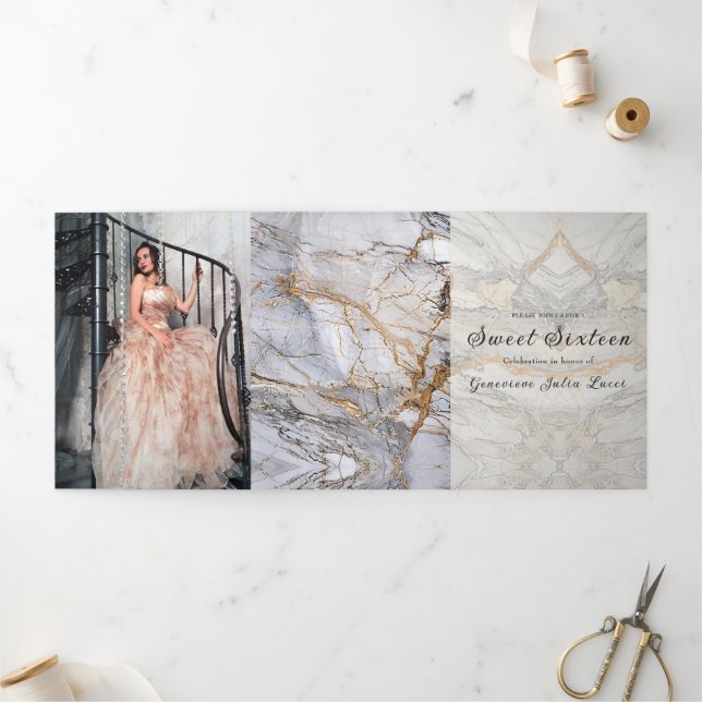 Cinza e Convite de festas Dourado Marble Sweet 16 (Fora)