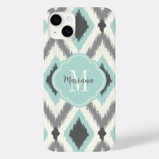Cinza e Mint Tribal Ikat Chevron Monograma (Verso)