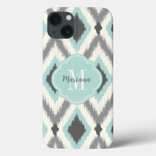 Cinza e Mint Tribal Ikat Chevron Monograma