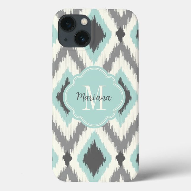 Cinza e Mint Tribal Ikat Chevron Monograma (Verso)