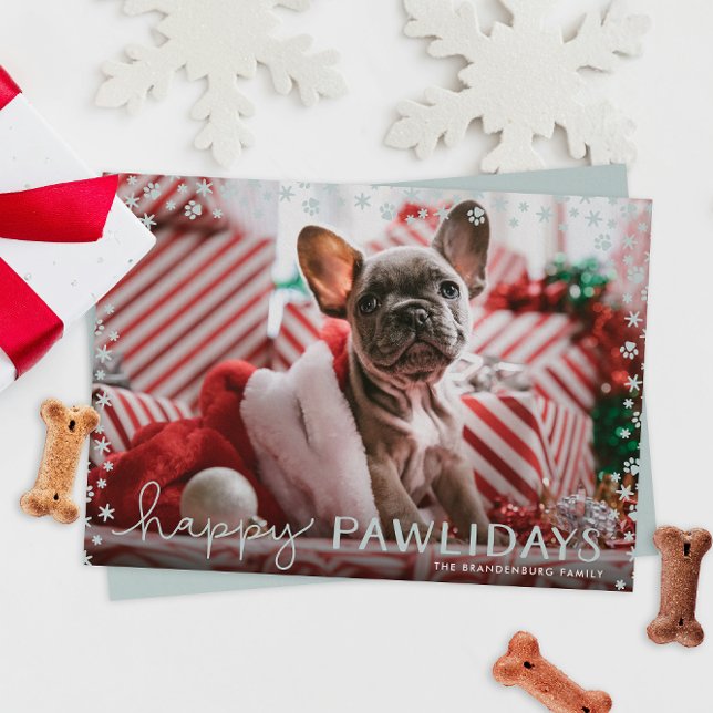 Cinza Feliz Natal Feliz, Cartão com fotos de Féria (paw print snowflakes happy pawlidays Christmas holiday photo cards for pet parents)
