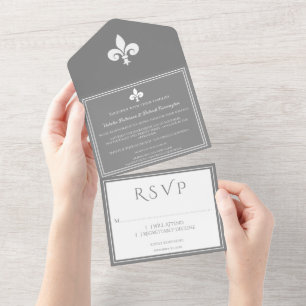 Cinza Fleur de Lis All in One Convite de casamento